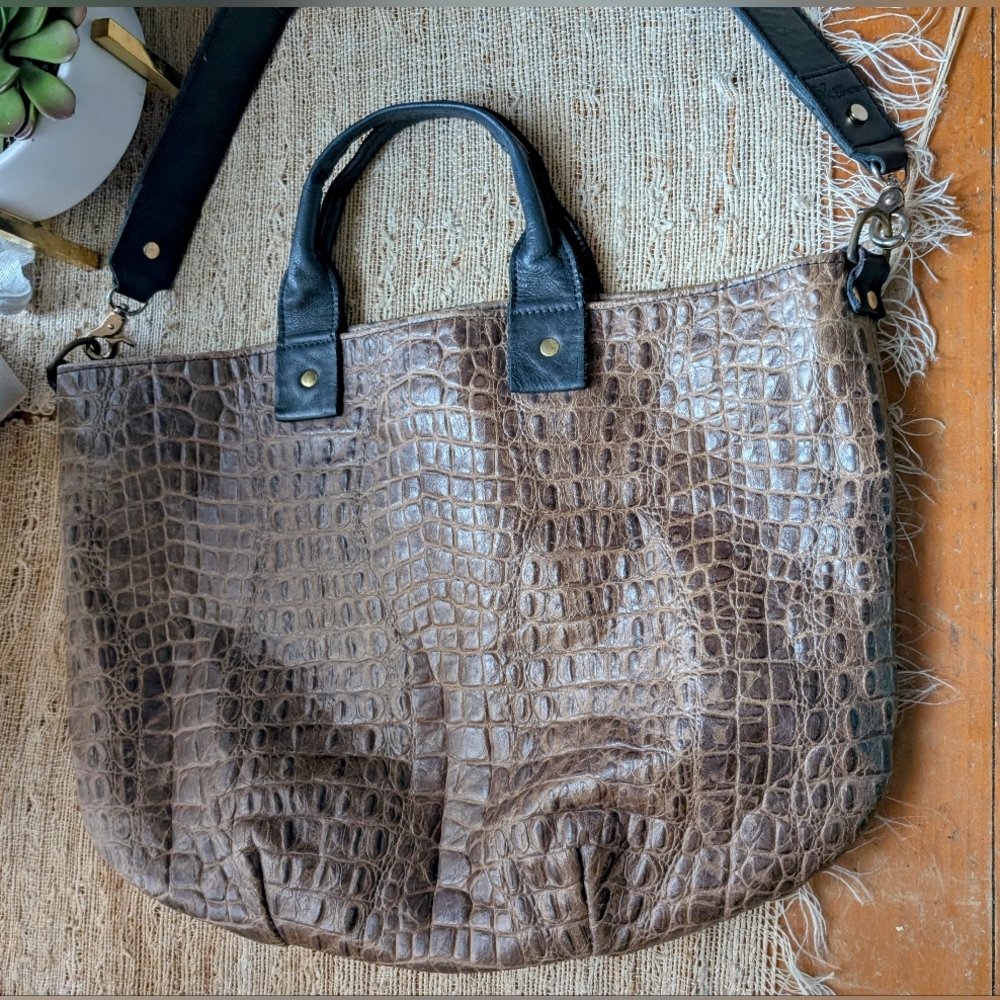 Clare V Croc-Embossed Tote in Brown with Black Handles - Picture 2 of 5